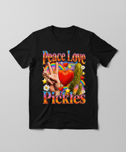 Peace Love Pickles Retro Hippie Design T-Shirt - Black