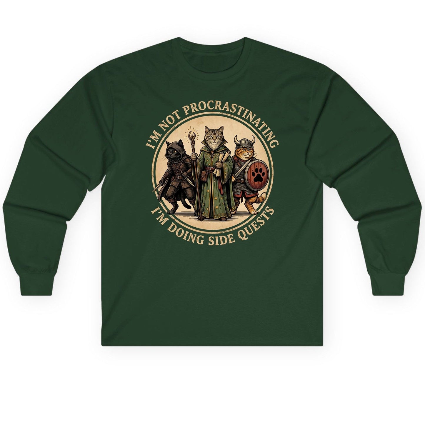 I'm Not Procrastinating I'm Doing Side Quests rpg cats Long Sleeve Tee Forest Green product mockup