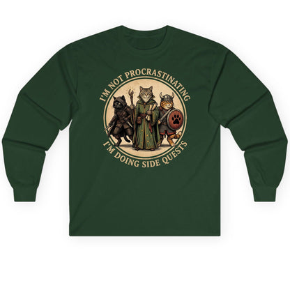 I'm Not Procrastinating I'm Doing Side Quests rpg cats Long Sleeve Tee Forest Green product mockup