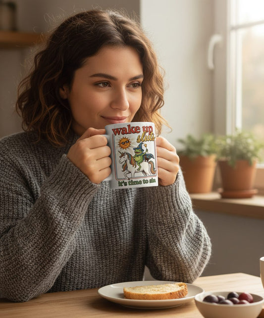 Wake Up Sluts It's Time to Sin Funny Wizard Frog White Mug - lifestyle model mockup - White