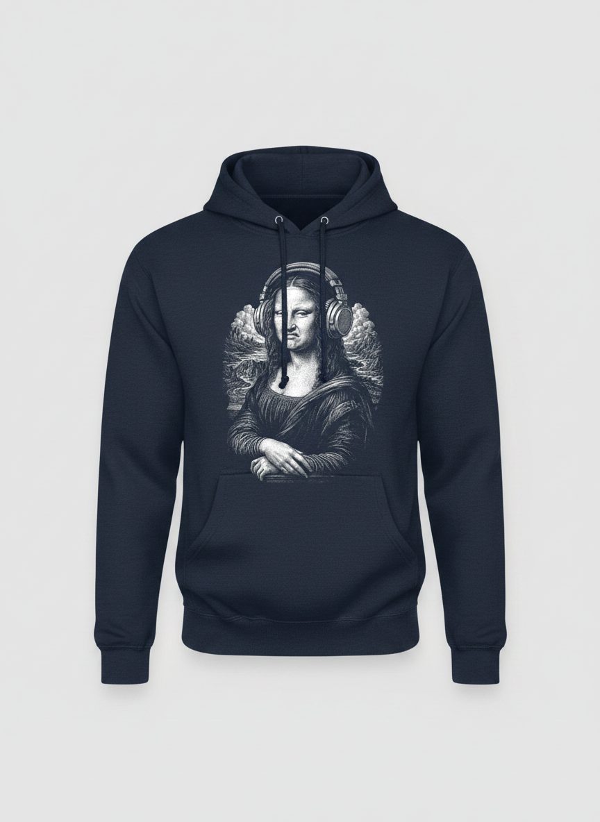 Disgusted Mona Lisa Headphones Funny Art Parody Hoodie - product mockup - Navy