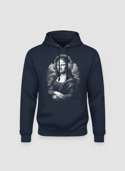 Disgusted Mona Lisa Headphones Funny Art Parody Hoodie - product mockup - Navy