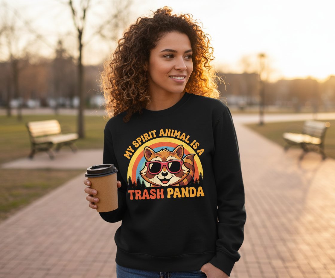 My Spirit Animal Is a Trash Panda raccoon Sweatshirt Black lifestyle mockup