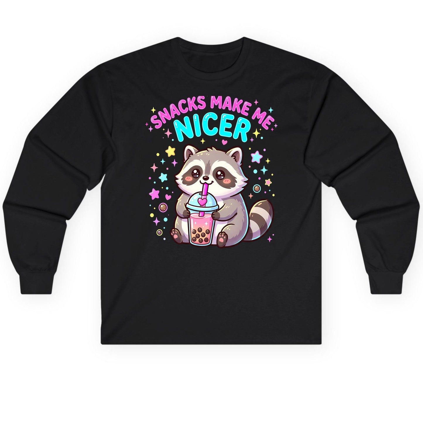 SNACKS MAKE ME NICER Funny Raccoon Long Sleeve Tee - product mockup - Black