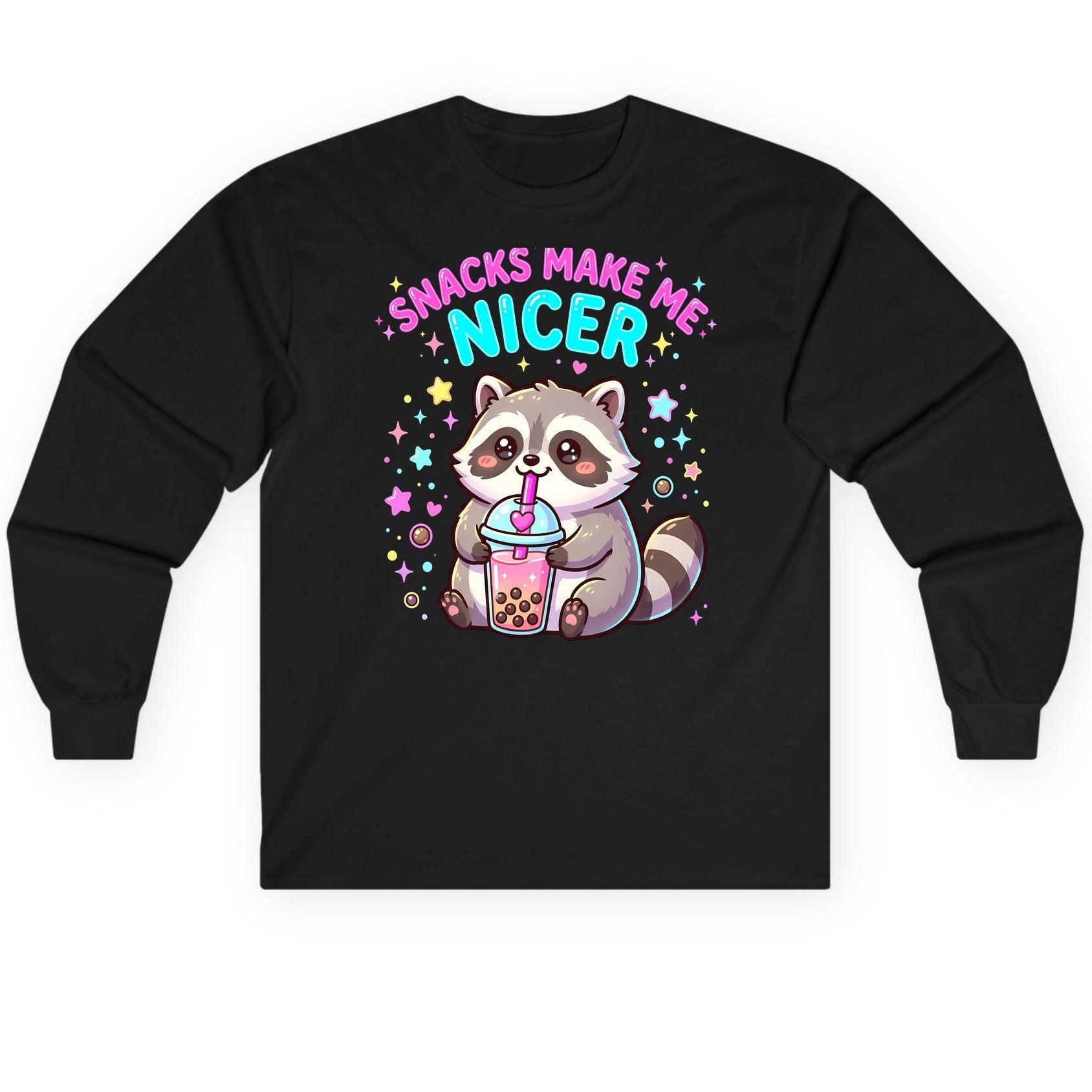 SNACKS MAKE ME NICER Funny Raccoon Long Sleeve Tee - product mockup - Black