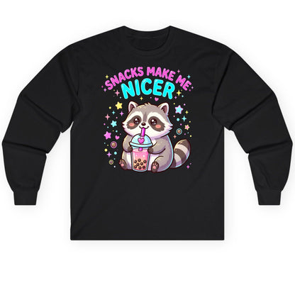 SNACKS MAKE ME NICER Funny Raccoon Long Sleeve Tee - product mockup - Black