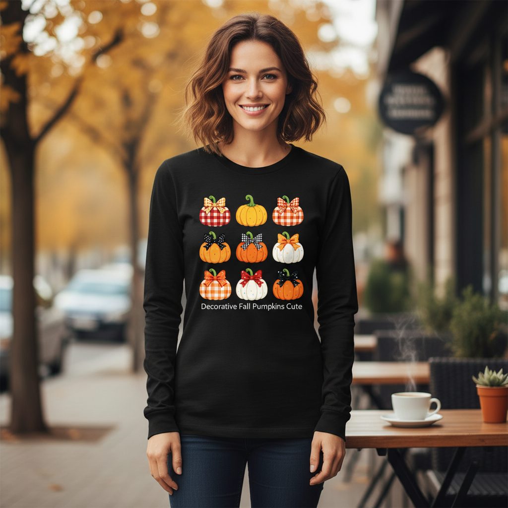 Decorative Fall Pumpkins fall pumpkins Long Sleeve Tee Black lifestyle mockup