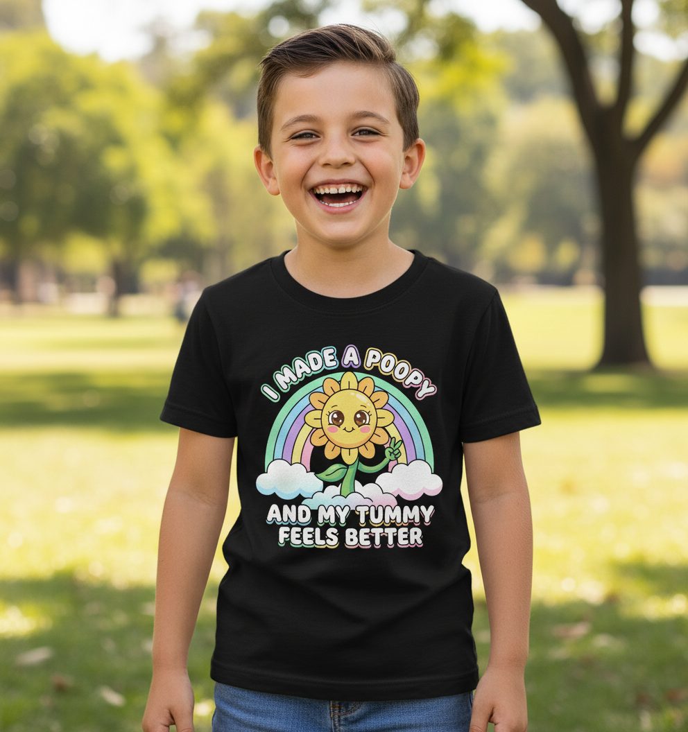 I Made a Poopy and My Tummy Feels Better kawaii sunflower Youth T-Shirt Black lifestyle mockup