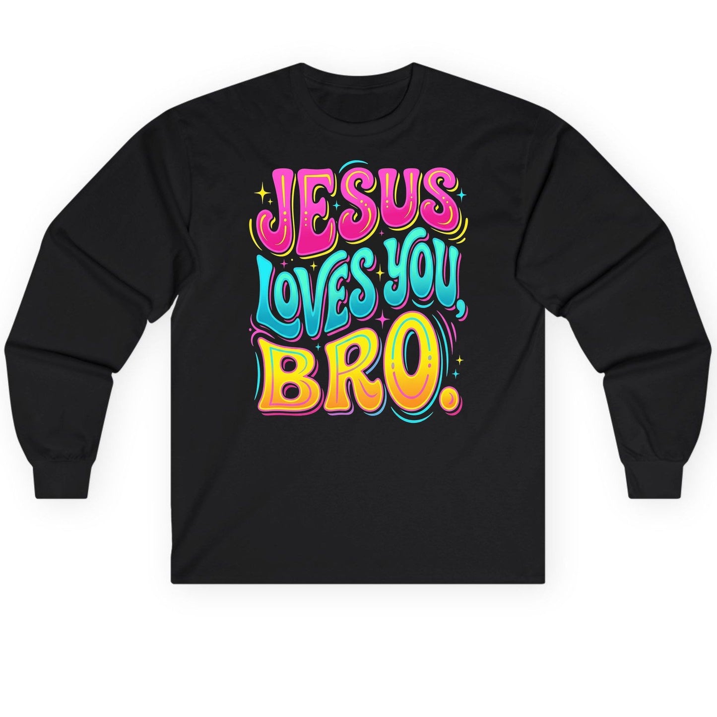 JESUS LOVES YOU BRO Retro Christian Long Sleeve Tee - product mockup - Black