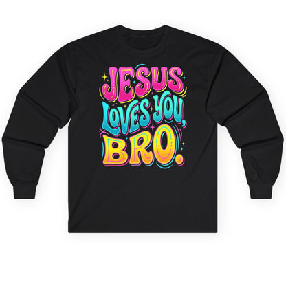 JESUS LOVES YOU BRO Retro Christian Long Sleeve Tee - product mockup - Black