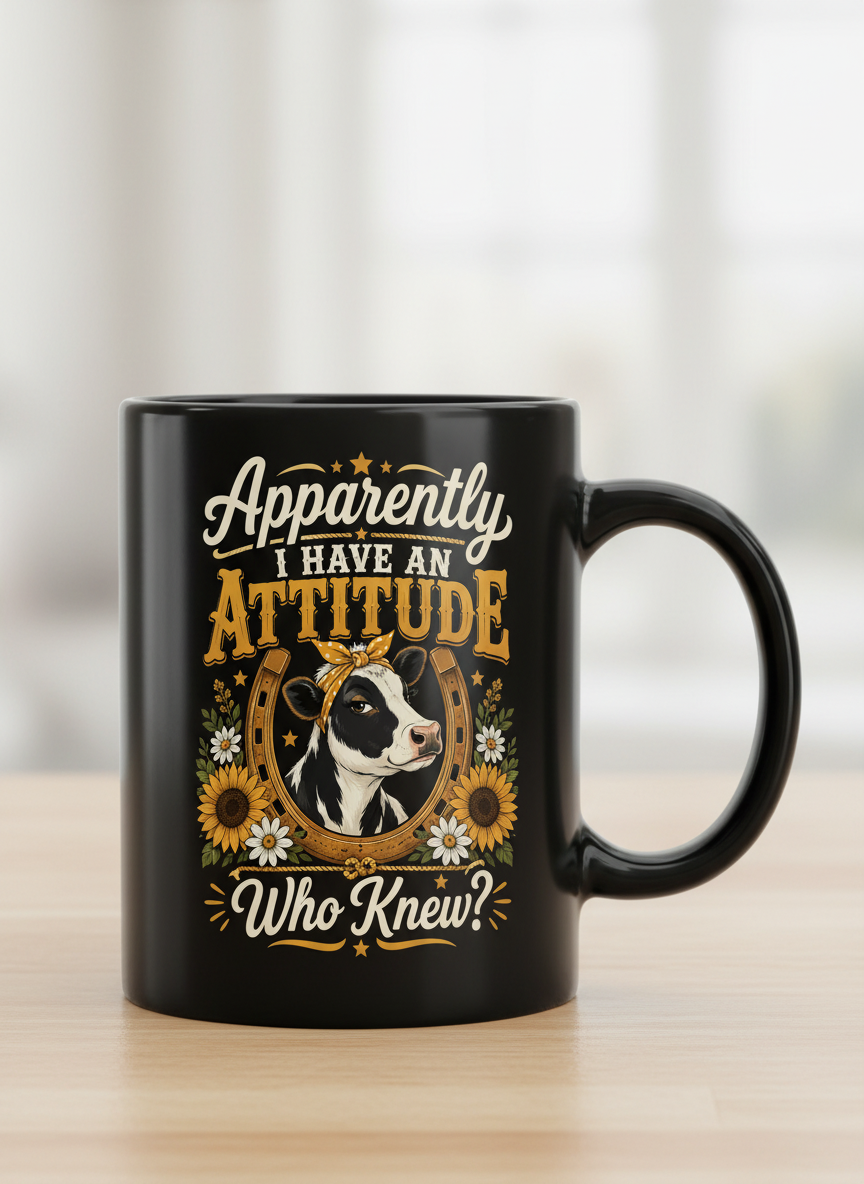 Funny Cow Attitude Who Knew Farm Life Design Black Mug - Black