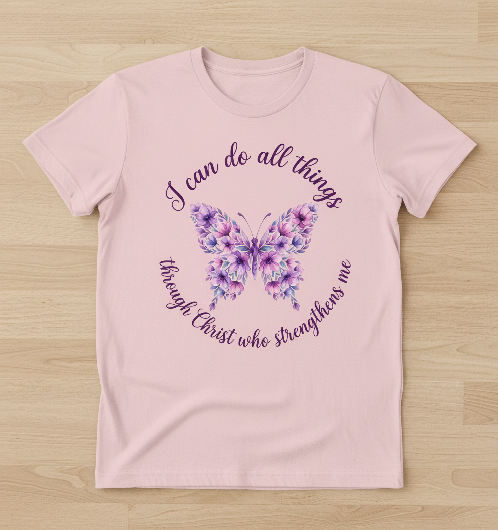Floral Butterfly 'I can do all things through Christ' Bible Verse T-Shirt - Light Pink