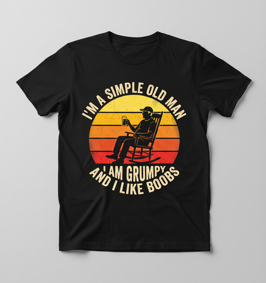 I'm A Simple Old Man I Am Grumpy Funny Retro Sunset T-Shirt - Black