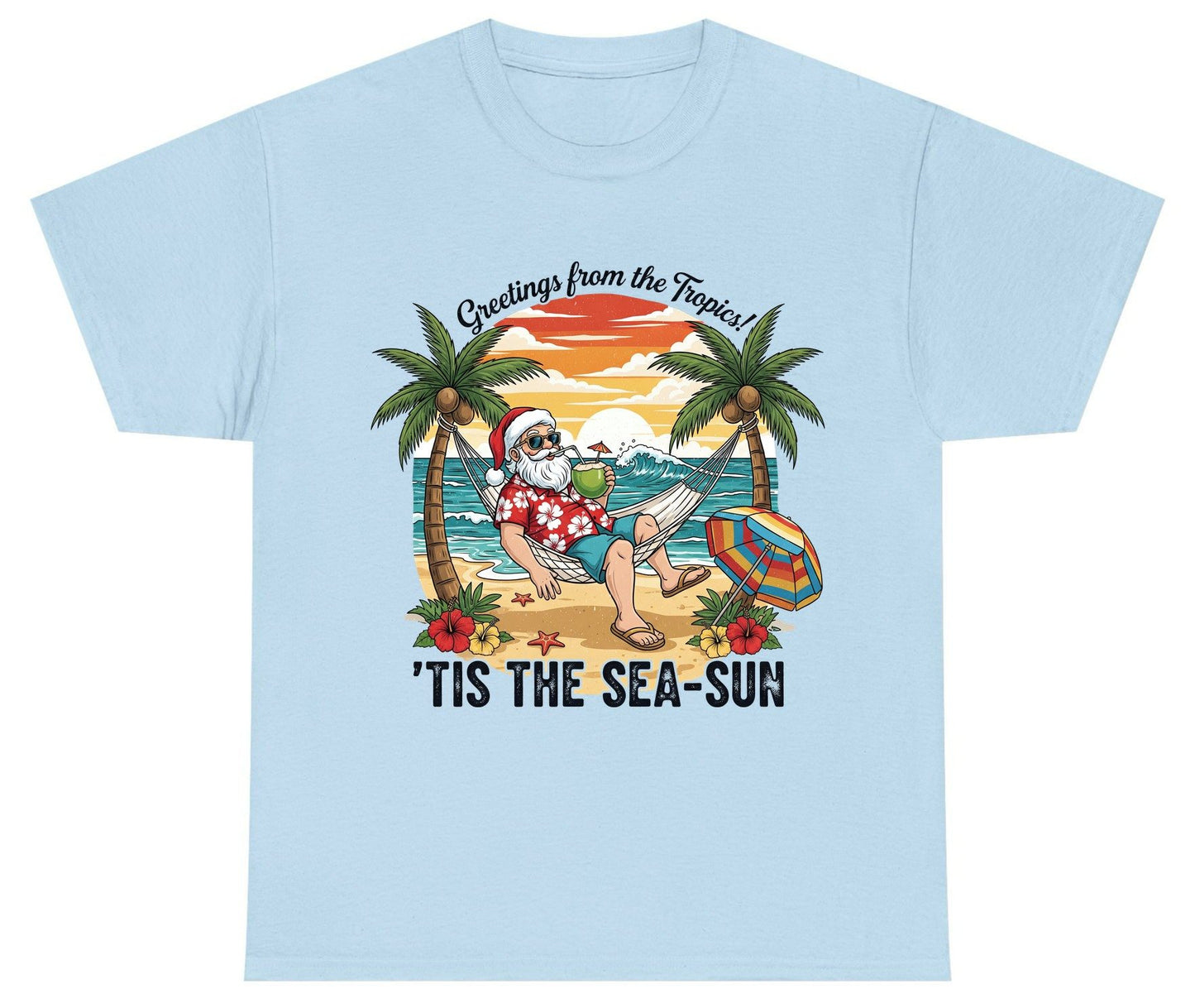 Greetings from the Tropics 'Tis the Sea-Sun santa claus on a tropical vacation Youth T-Shirt Light Blue product mockup