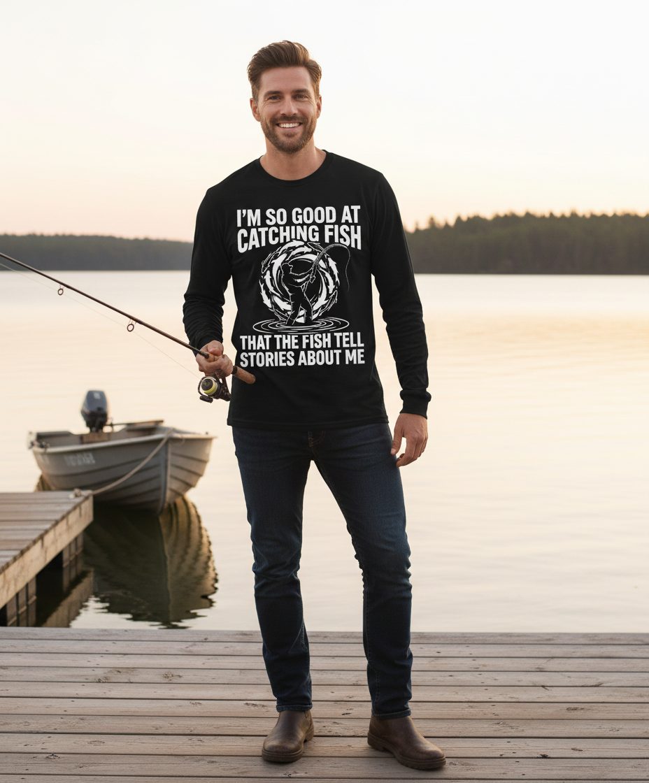 I'm So Good at Catching Fish That the Fish Tell Stories About Me fishing Long Sleeve Tee Black lifestyle mockup