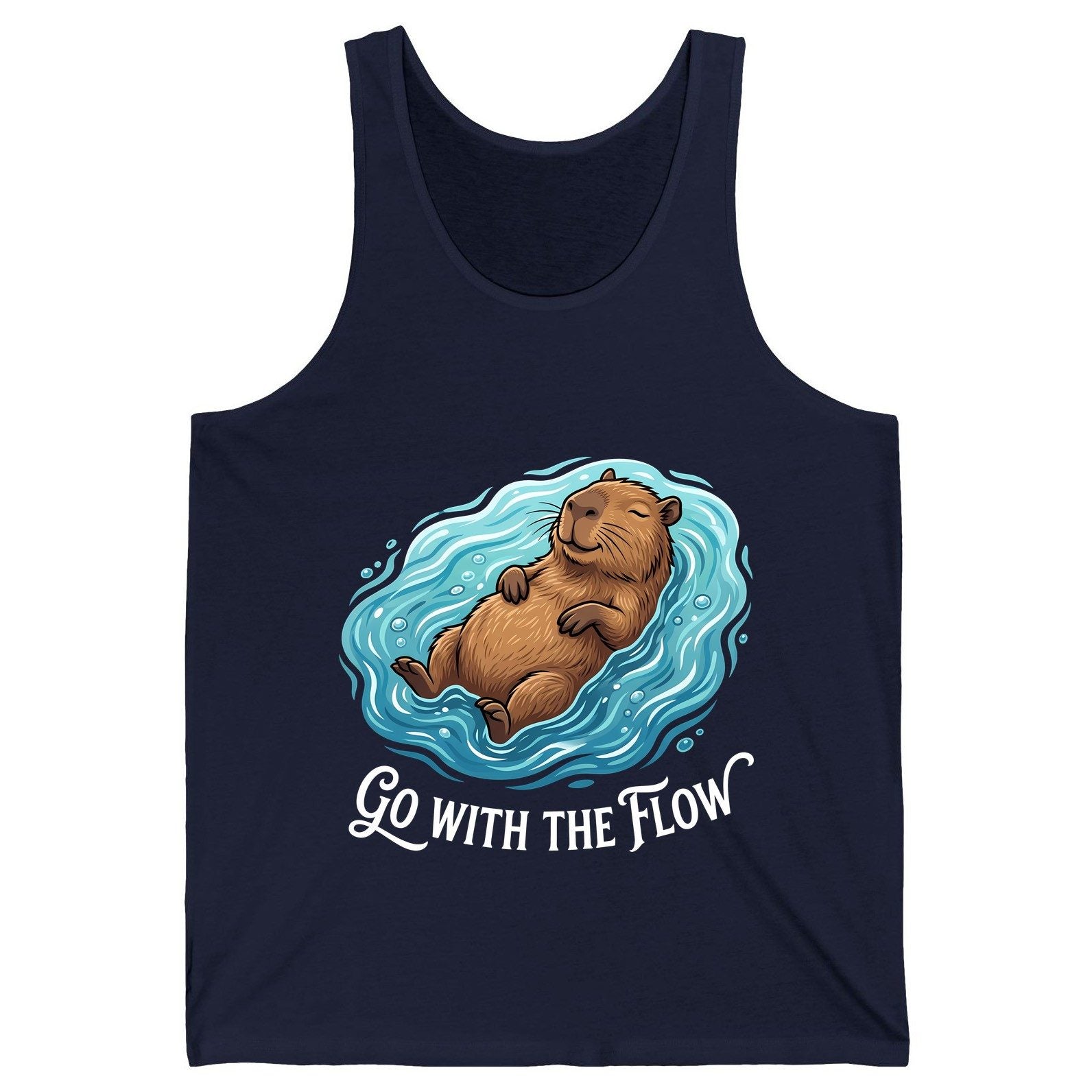 Go WITH THE Flow Funny Capybara Tank Top - product mockup - Navy