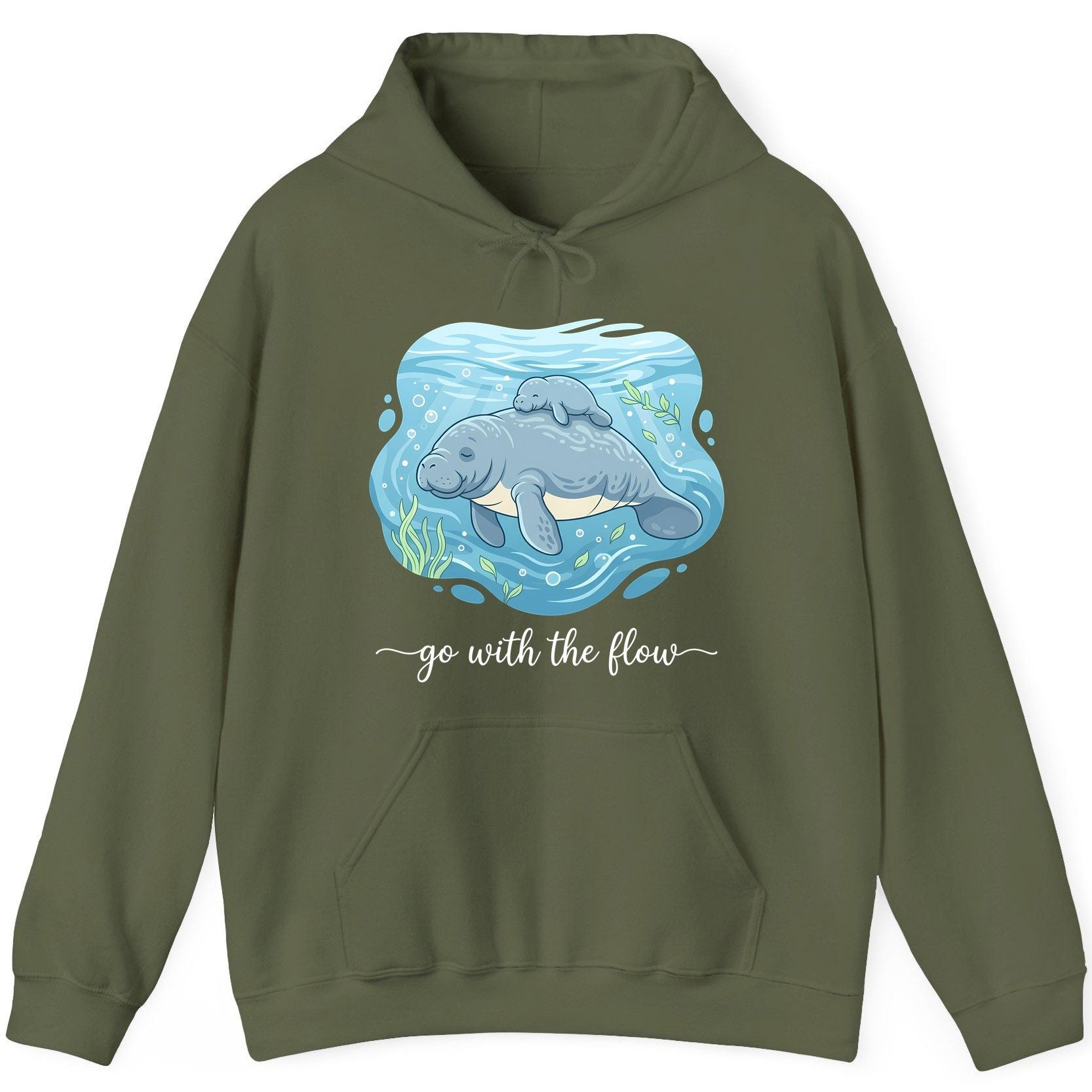 Go with the Flow Manatee Hoodie - product mockup - Military Green