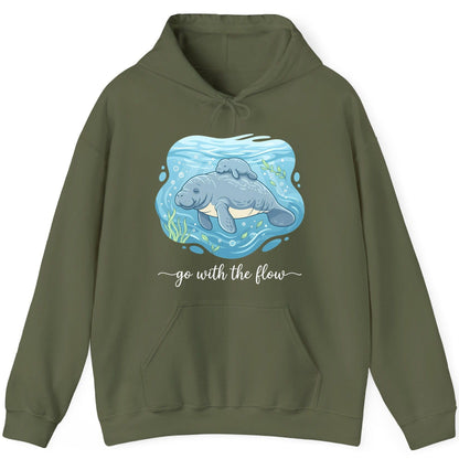 Go with the Flow Manatee Hoodie - product mockup - Military Green