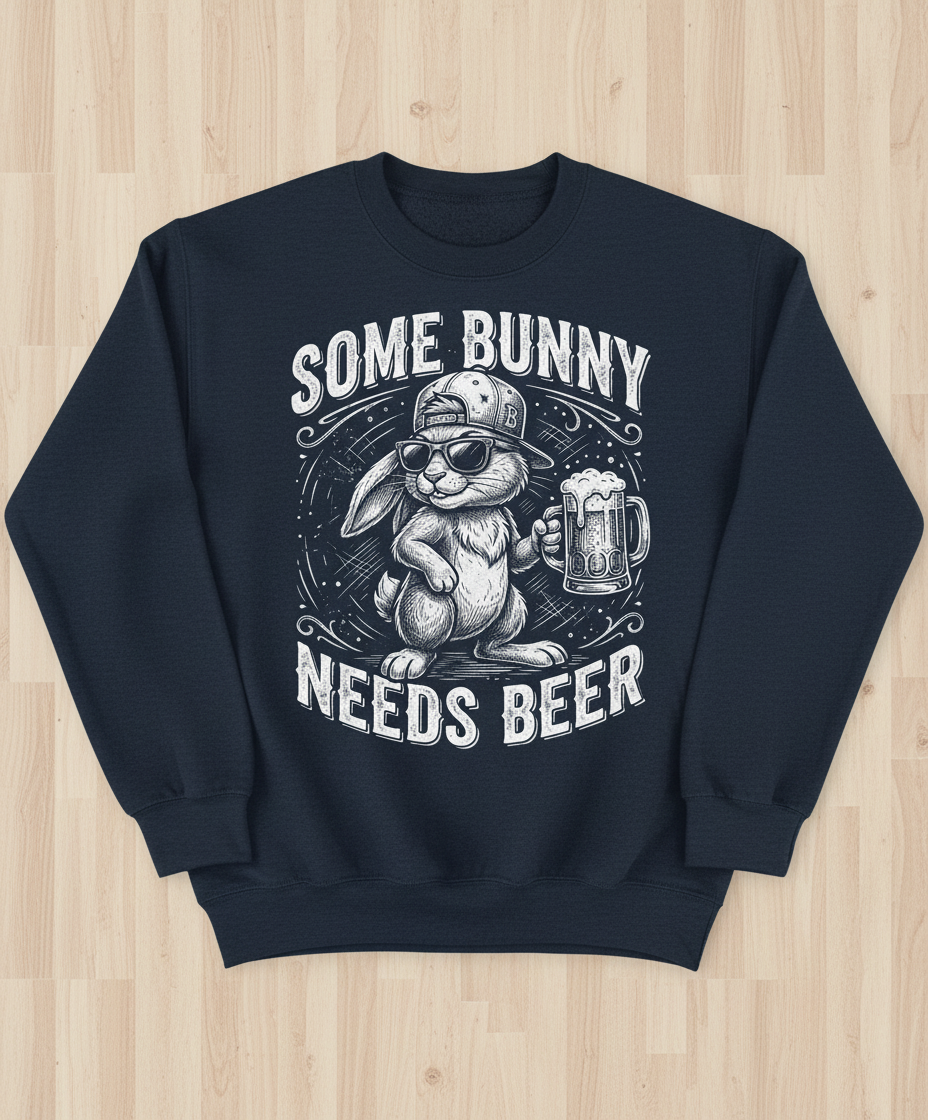 Some Bunny Needs Beer Funny Rabbit Drinking Design Sweatshirt - Navy