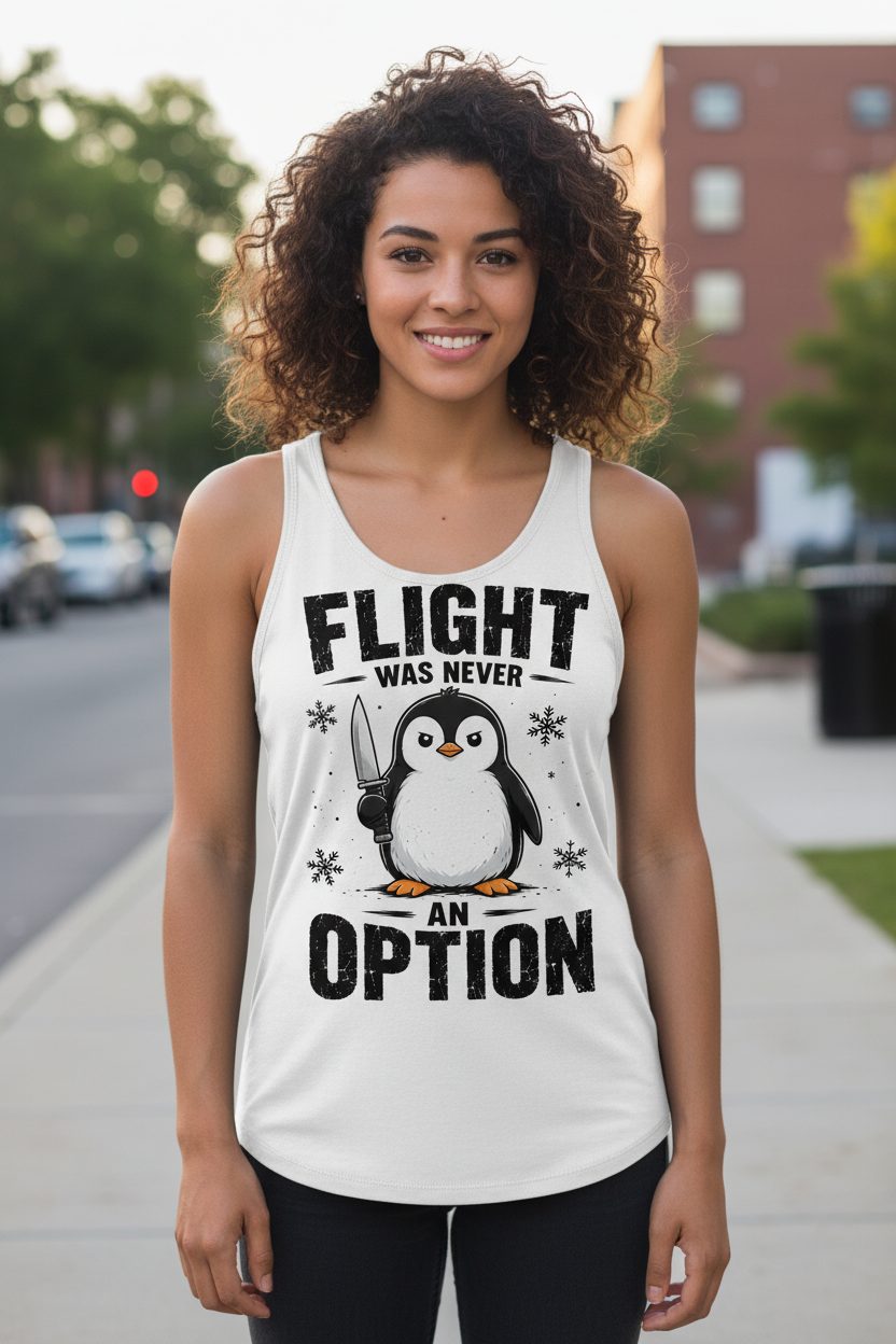 Flight Was Never an Option Funny Penguin Tank Top - lifestyle model mockup - White