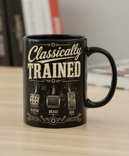 Classically Trained Retro Manual Transmission Black Mug - product mockup - Black