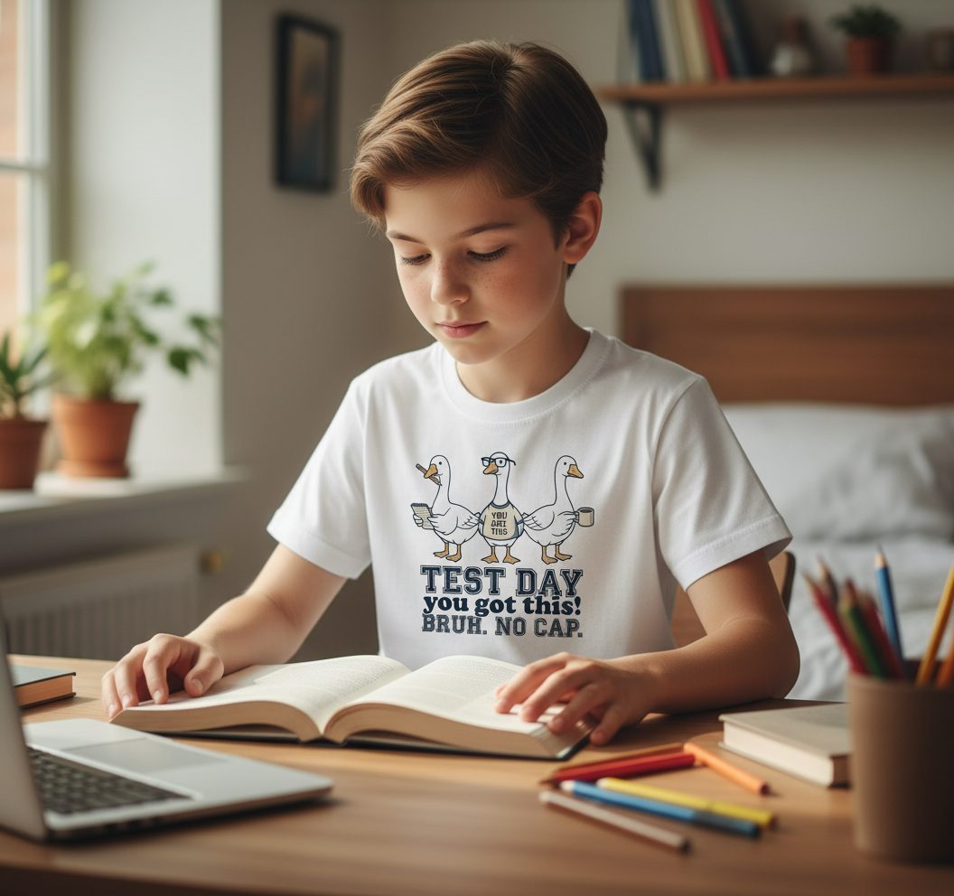 TEST DAY You Got This BRUH NO CAP Funny Students Youth T-Shirt - lifestyle model mockup - White