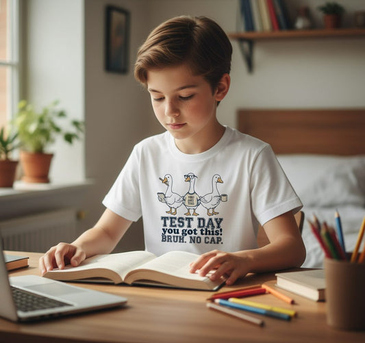 TEST DAY You Got This BRUH NO CAP Funny Students Youth T-Shirt - lifestyle model mockup - White