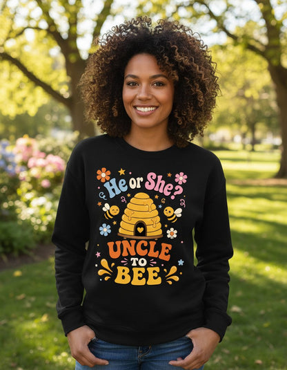 He or She Uncle to Bee Retro Gender Reveal Sweatshirt - lifestyle model mockup - Black