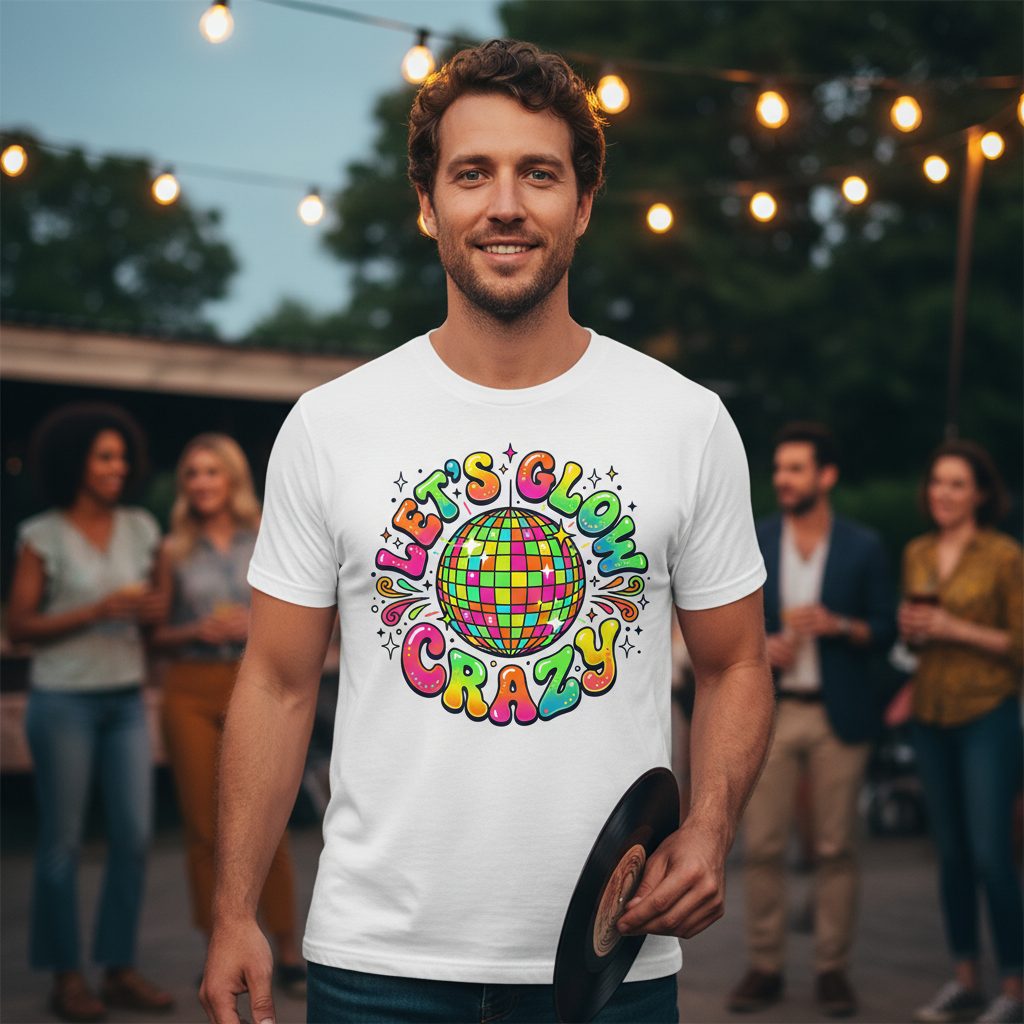 Let's Glow Crazy Retro Party T-Shirt - lifestyle model mockup - White