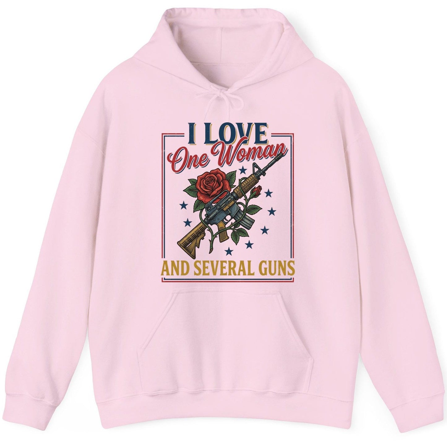I LOVE One Woman AND Several GUNS Funny Pro-Gun Hoodie - product mockup - Light Pink