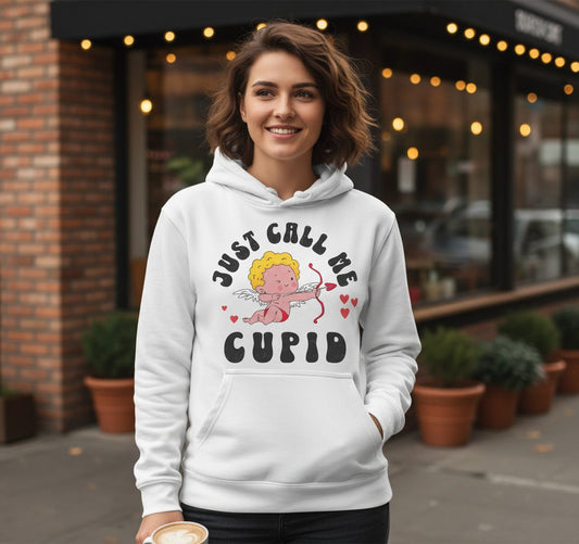 Just Call Me Cupid cupid Hoodie White lifestyle mockup