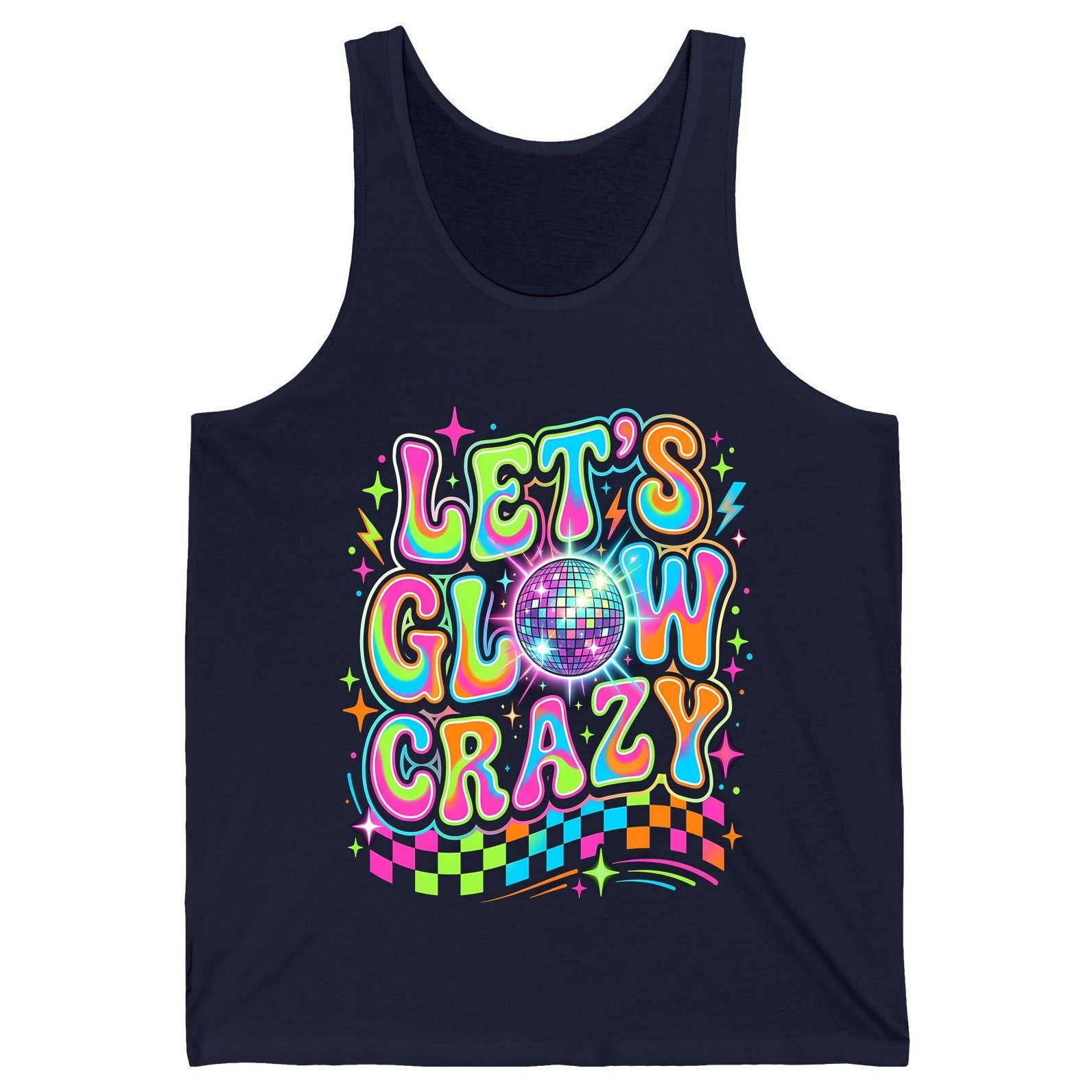Let's Glow Crazy Retro Party Tank Top - product mockup - Navy