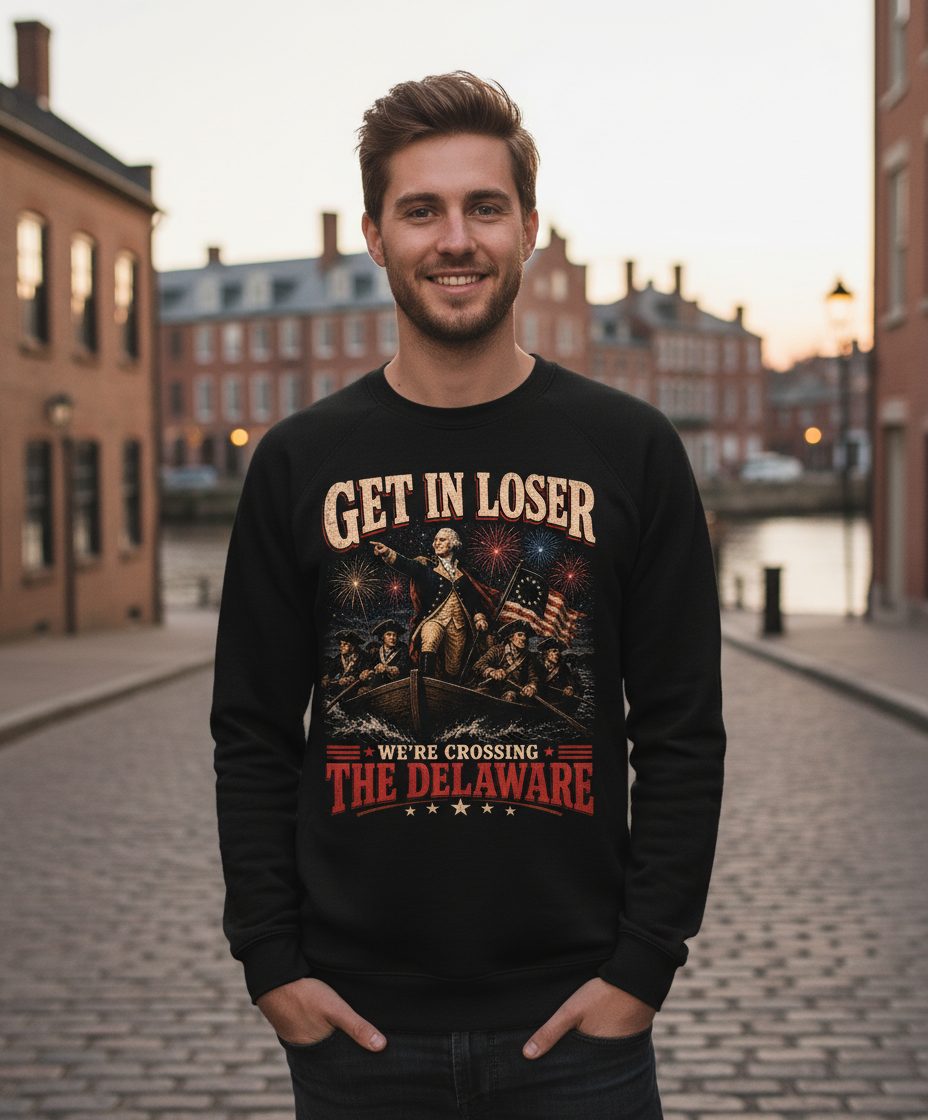 GET IN LOSER WE'RE Crossing THE Delaware Sweatshirt - lifestyle model mockup - Black