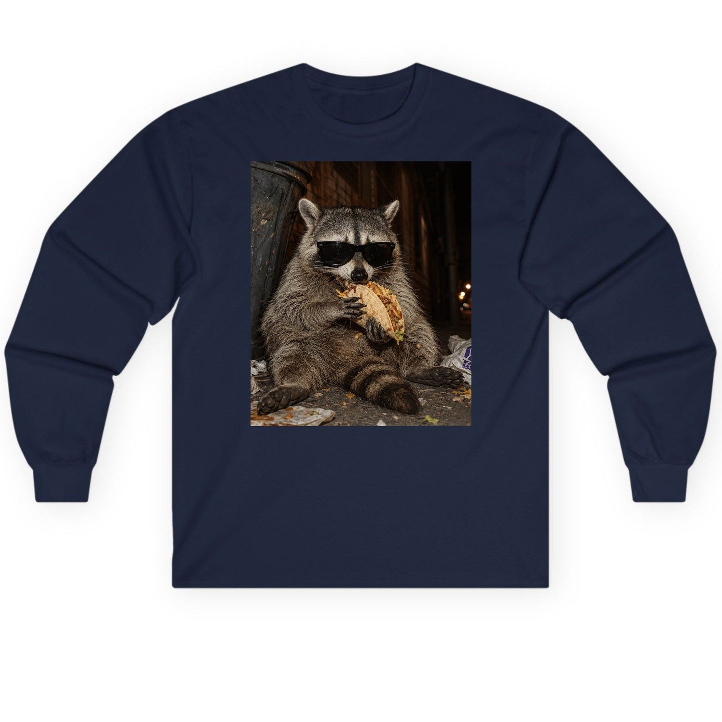 Raccoon Eating Taco Funny Animal Lovers Long Sleeve Tee - product mockup - Navy