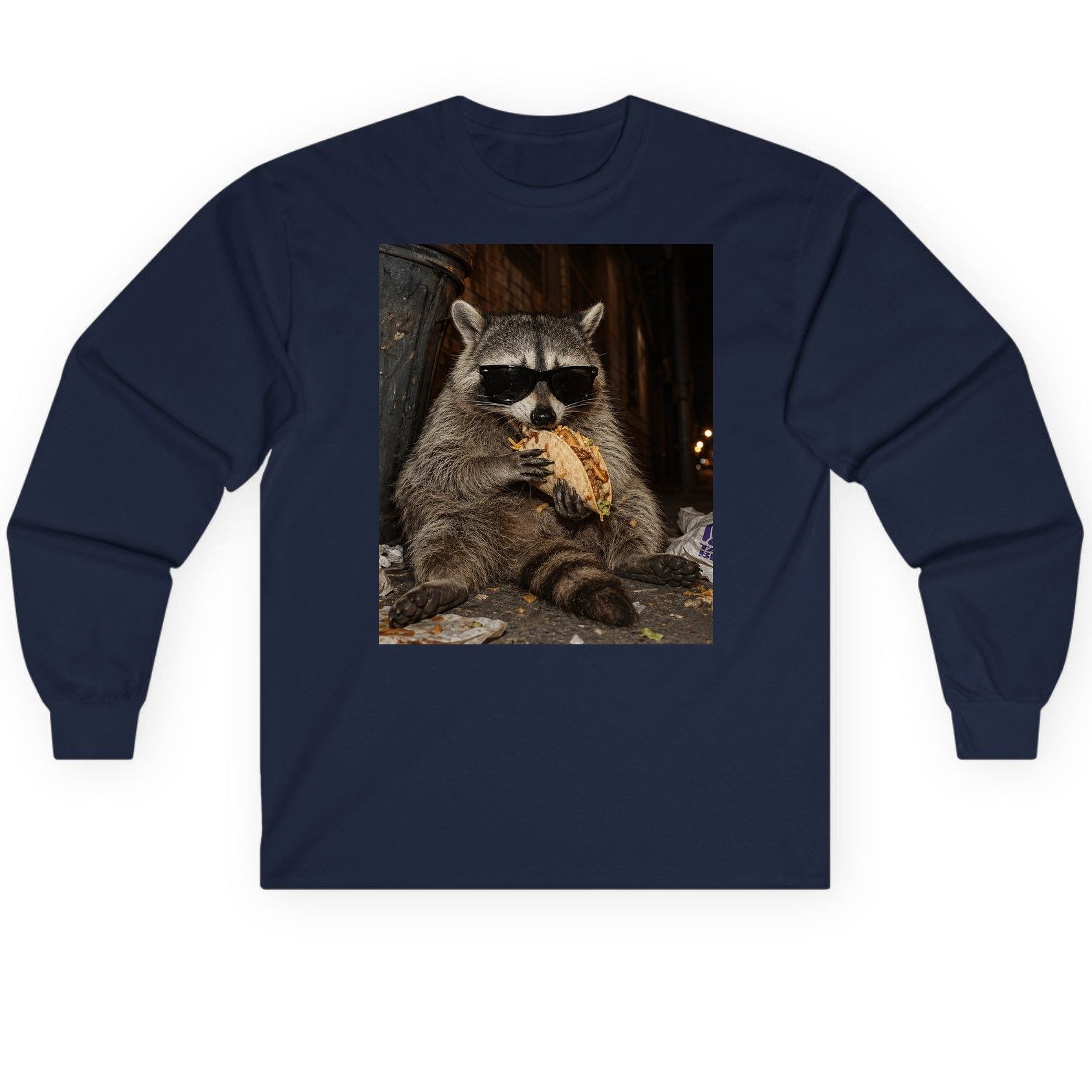 Raccoon Eating Taco Funny Animal Lovers Long Sleeve Tee - product mockup - Navy