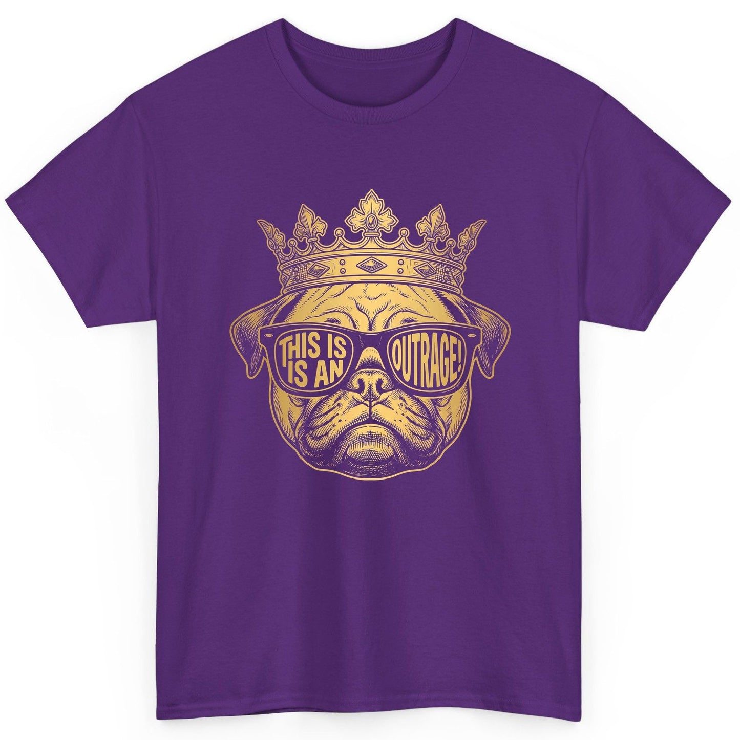 This Is An Outrage! Pug T-Shirt Purple product mockup