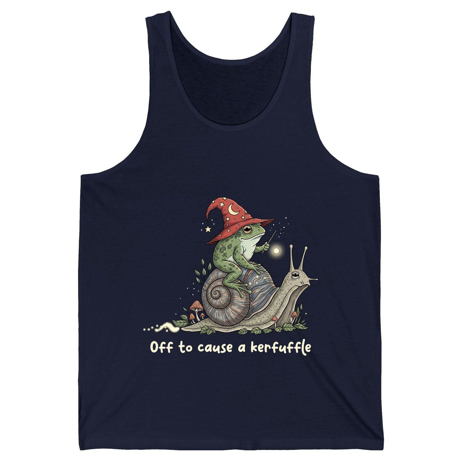 Off to Cause a Kerfuffle wizard frog Tank Top Navy product mockup