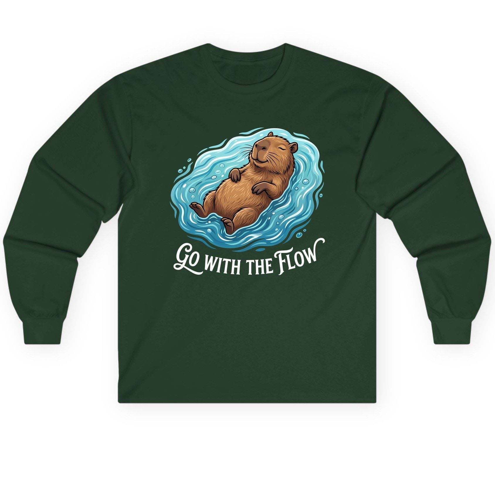 Go WITH THE Flow Funny Capybara Long Sleeve Tee - product mockup - Forest Green