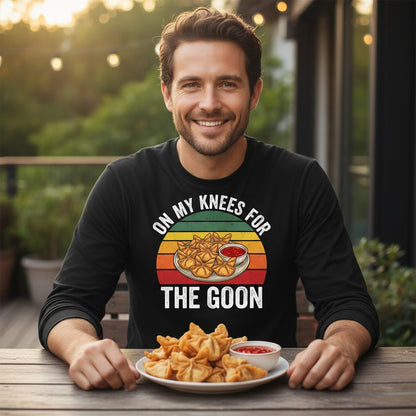 On My Knees for the Goon crab rangoon Long Sleeve Tee Black lifestyle mockup