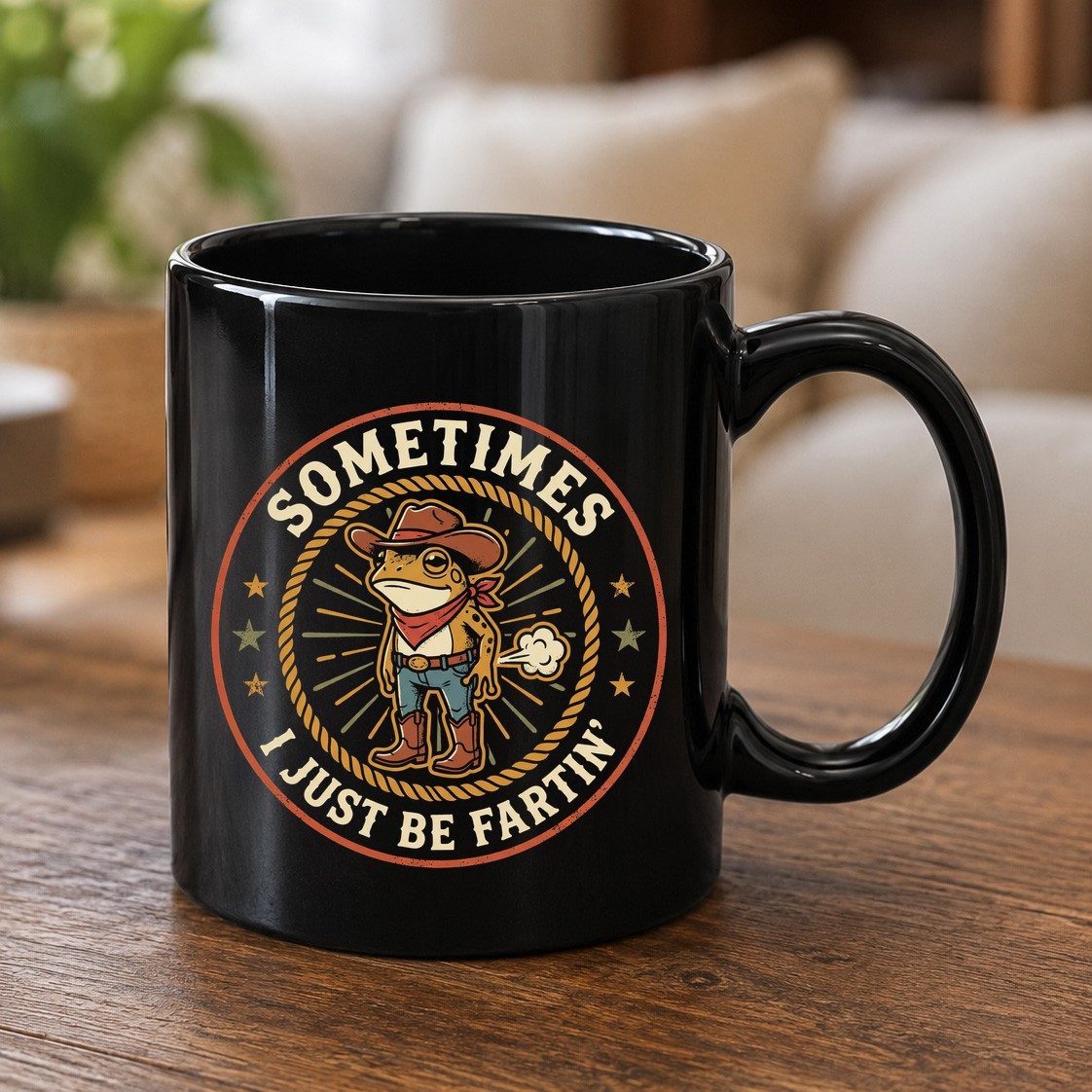 Sometimes I Just Be Fartin' cowboy frog Black Mug Black product mockup