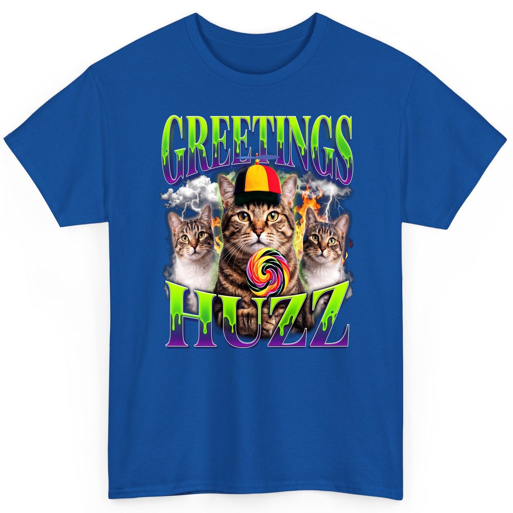 Greetings HUZZ Funny Cat T-Shirt - product mockup - Royal