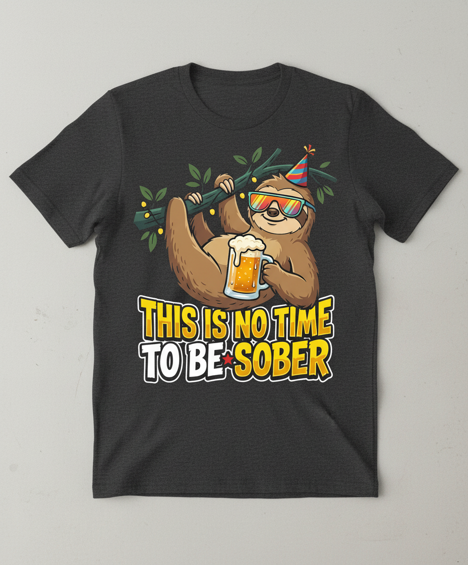 Funny Party Sloth Drinking Beer This Is No Time To Be Sober T-Shirt - Dark Heather