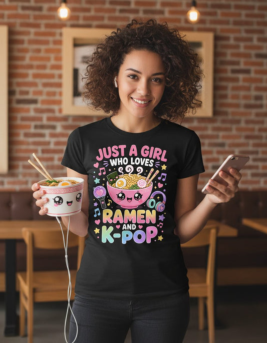 Just a Girl Who Loves Ramen and K-Pop K-Pop Fans T-Shirt - lifestyle model mockup - Black