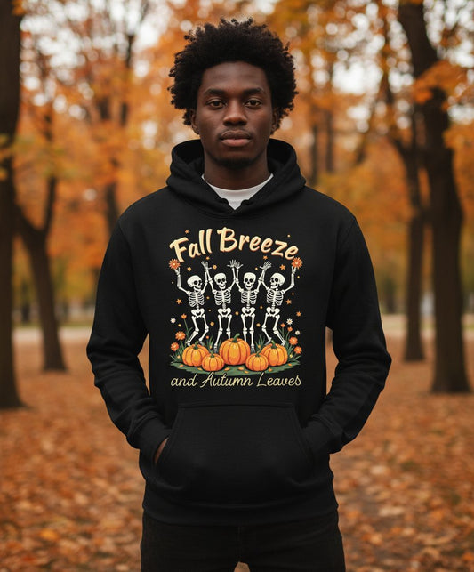 Fall Breeze and Autumn Leaves dancing skeletons Hoodie Black lifestyle mockup