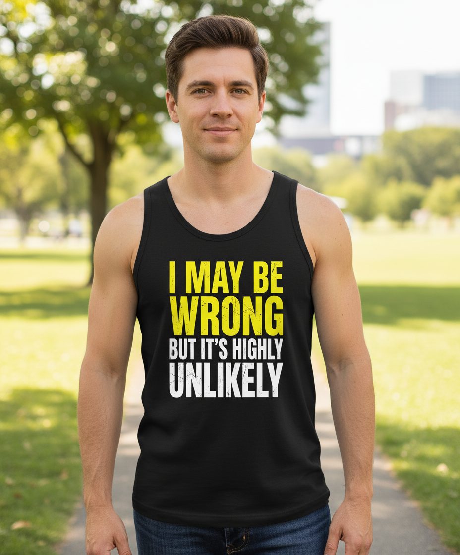 I MAY BE WRONG BUT IT'S HIGHLY Unlikely Funny Sarcastic Humor Tank Top - lifestyle model mockup - Black