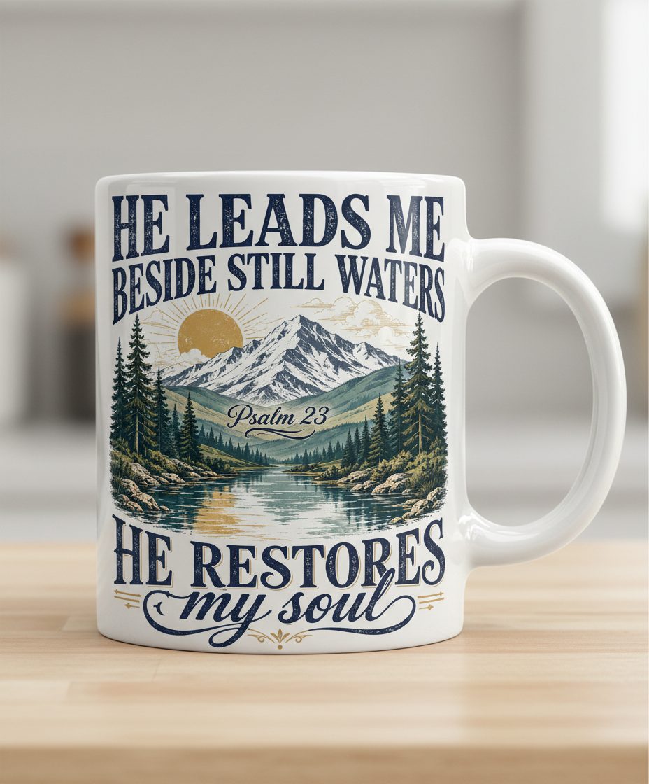 He Leads Me Beside Still Waters He Restores My Soul White Mug - product mockup - White