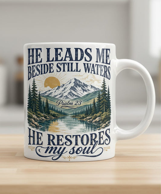 He Leads Me Beside Still Waters He Restores My Soul White Mug - product mockup - White