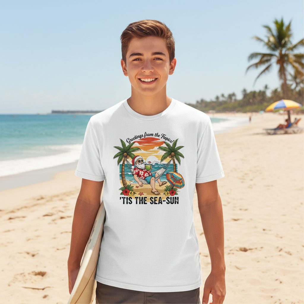 Greetings from the Tropics 'Tis the Sea-Sun santa claus on a tropical vacation Youth T-Shirt White lifestyle mockup