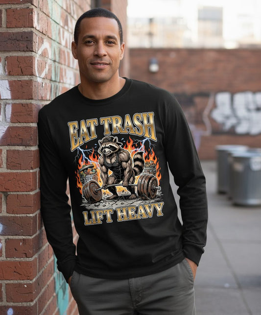 Eat Trash Lift Heavy weightlifting raccoon Long Sleeve Tee Black lifestyle mockup