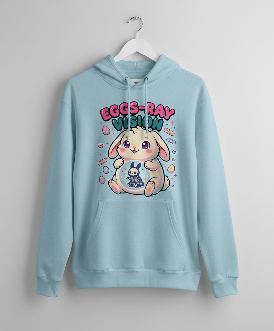 Eggs-Ray Vision Kawaii Easter Bunny Skeleton Hoodie - Light Blue